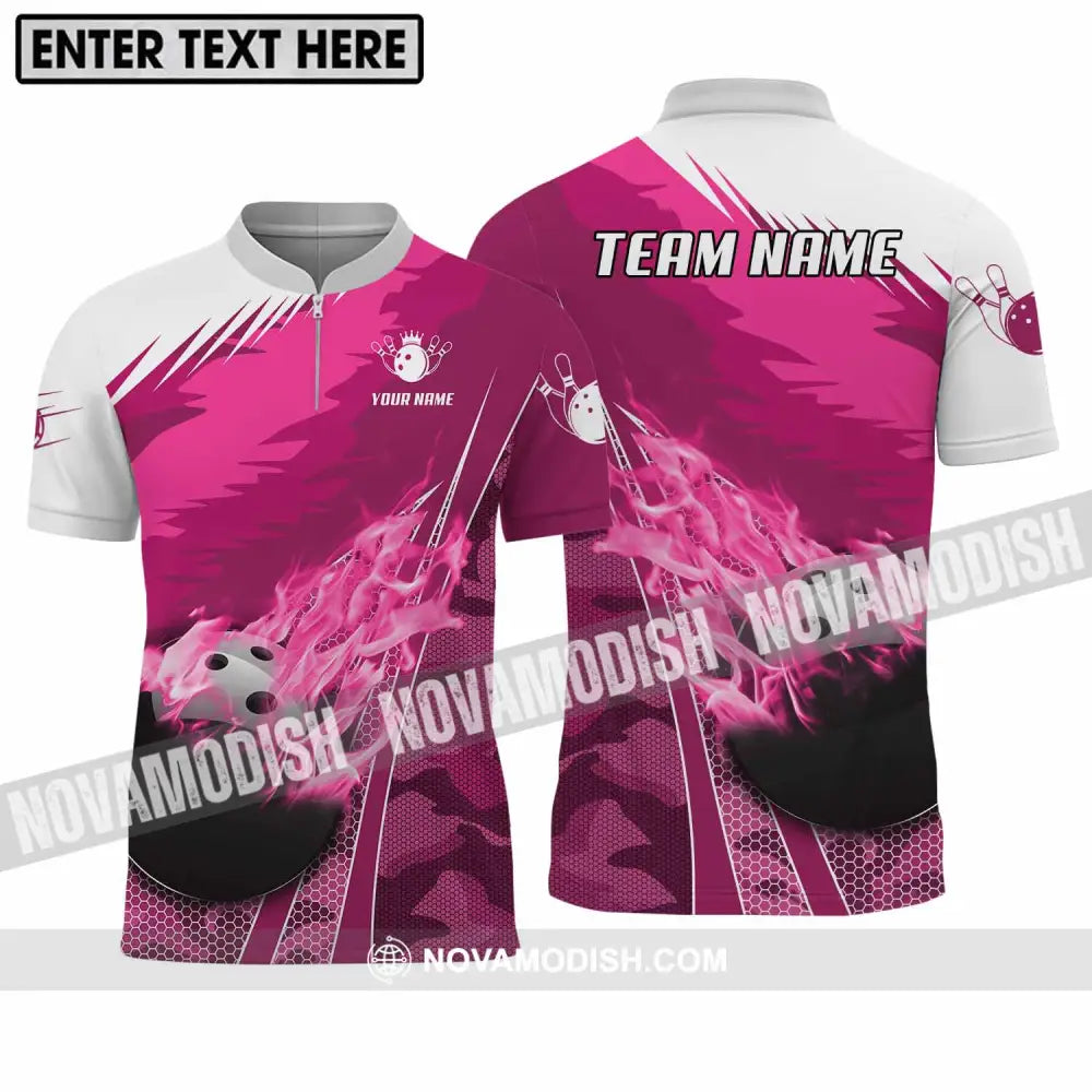Unisex Shirt - Custom Name And Team Name Shirt White Pink Bowling Zipper Polo Shirt / S T-shirt