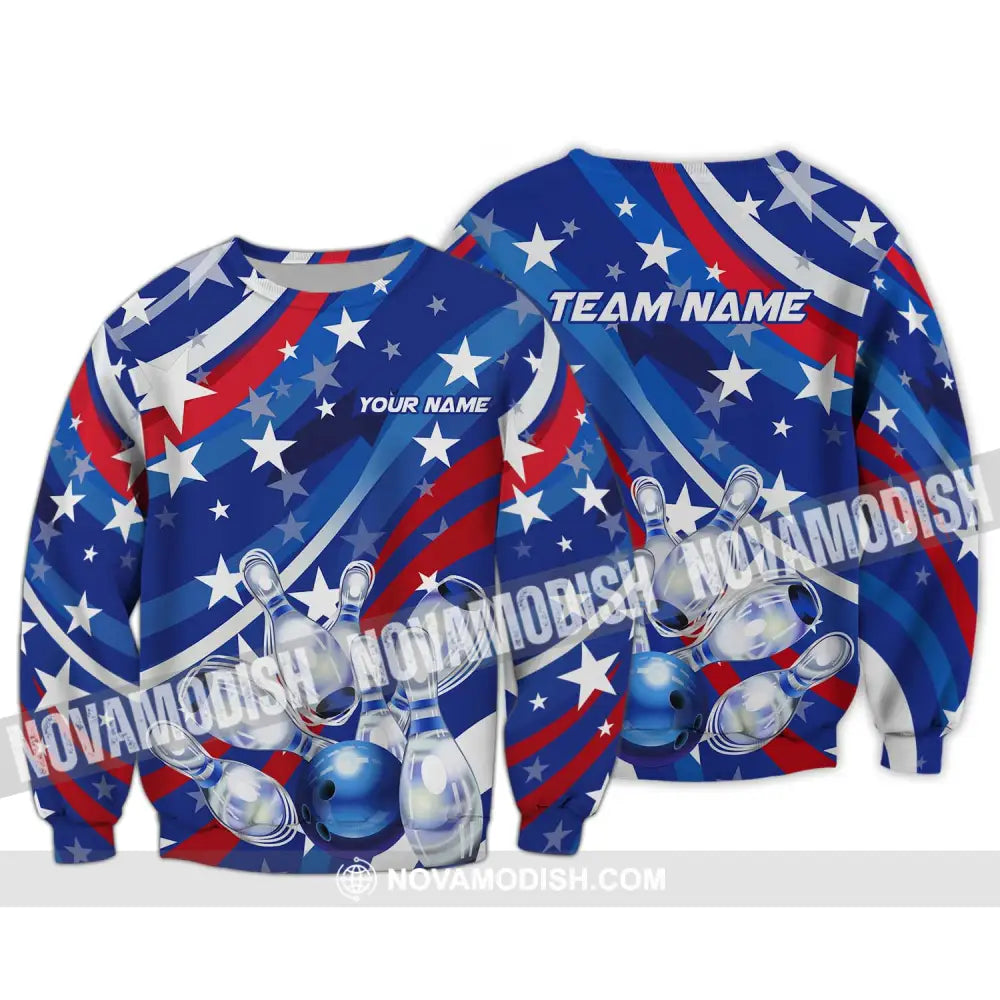 Unisex Shirt - Custom Name And Team Name Shirt White Stars Bowling Flag Shirt Long Sleeve / S T-shirt