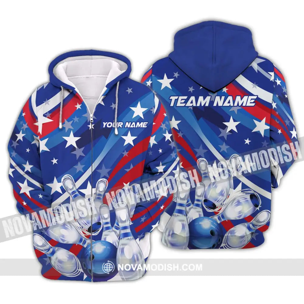 Unisex Shirt - Custom Name And Team Name Shirt White Stars Bowling Flag Shirt Zipper Hoodie / S T-shirt