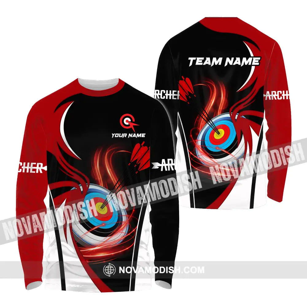 Unisex Shirt - Custom Name Archery Sport Shirt Red Wave Long Sleeve Shirt / S T-shirt