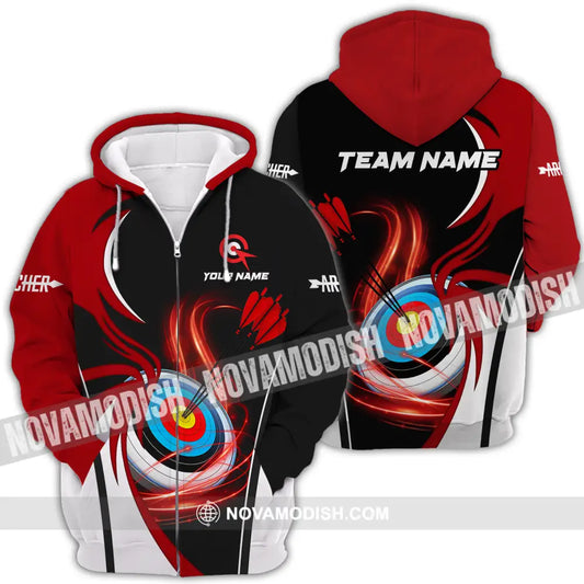 Unisex Shirt - Custom Name Archery Sport Shirt Red Wave Zipper Hoodie / S T-shirt