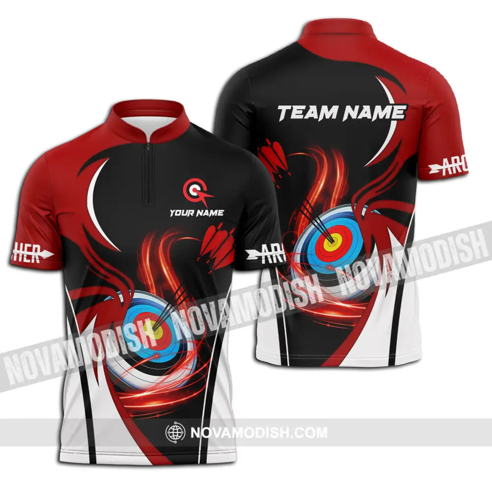 Unisex Shirt - Custom Name Archery Sport Shirt Red Wave Zipper Polo Shirt / S T-shirt