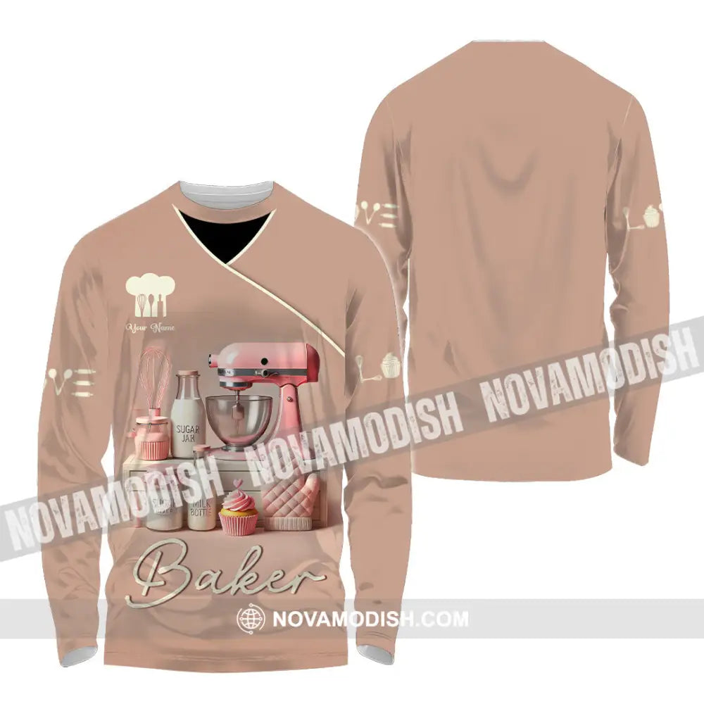 Unisex Shirt Custom Name Baker Bakery Shop T-Shirt Chef Polo Long Sleeve / S T-Shirt