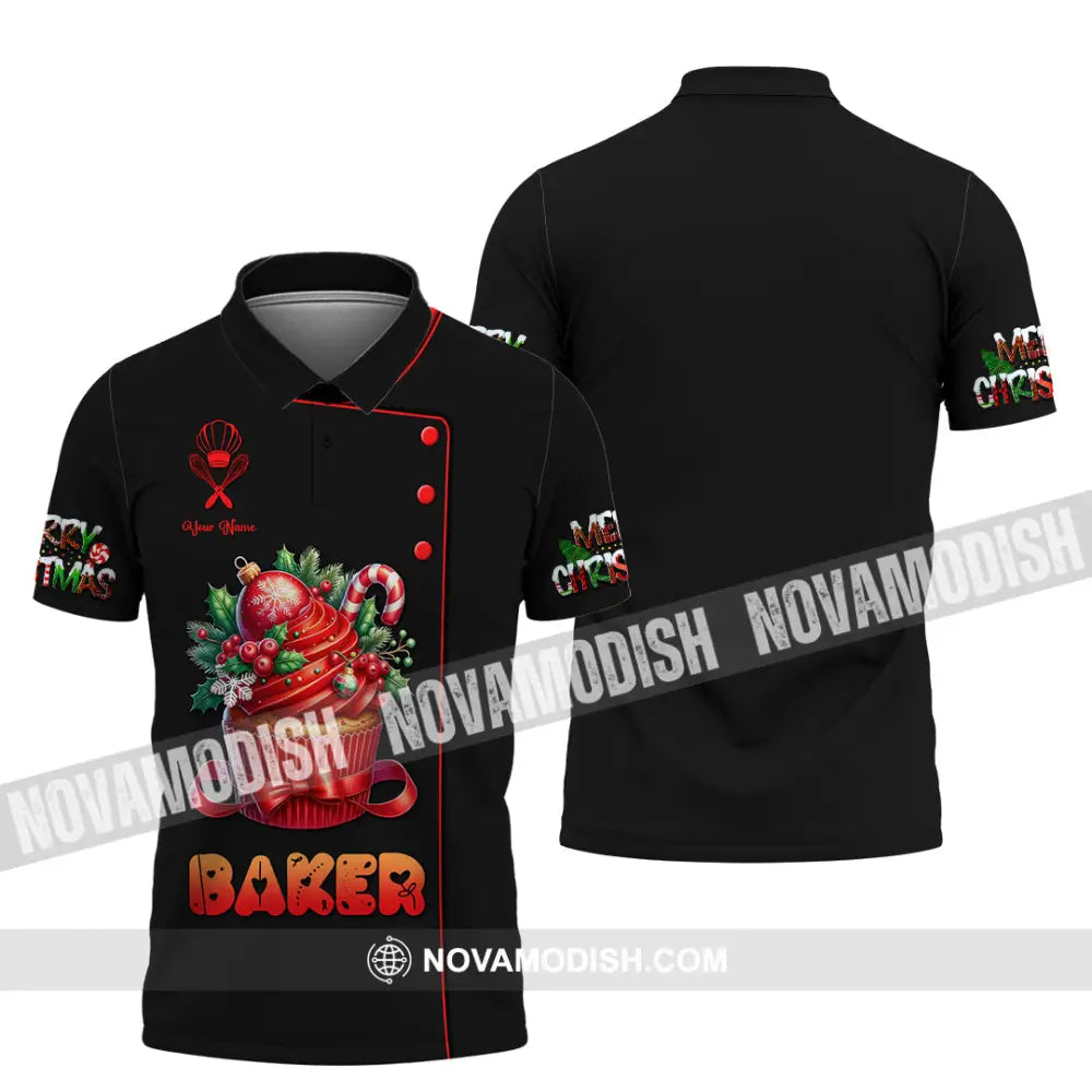 Unisex Shirt Custom Name Baker Christmas Bakery Shop T-Shirt Chef Polo Long Sleeve / S T-Shirt
