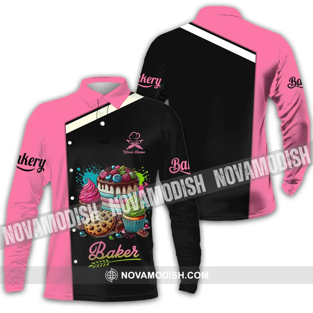 Unisex Shirt - Custom Name Baker Shirt Sweet Cake Long Sleeve Polo / S T-shirt