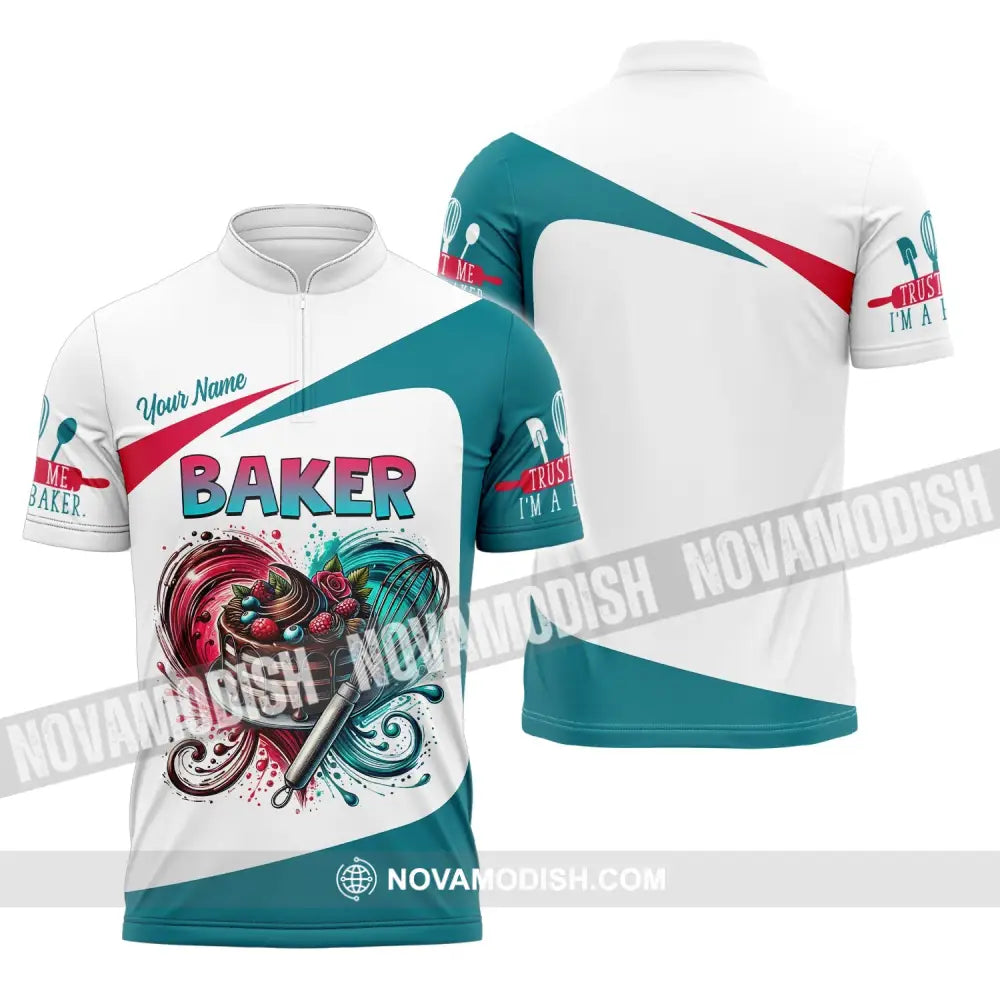 Unisex Shirt Custom Name Baker T-Shirt For Bakery Shop Uniform Gift Baking Lover Zipper Polo / S