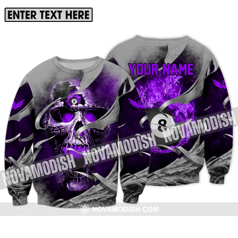Unisex Shirt - Custom Name Billiards Shirt Purple Skull Long Sleeve / S T-shirt