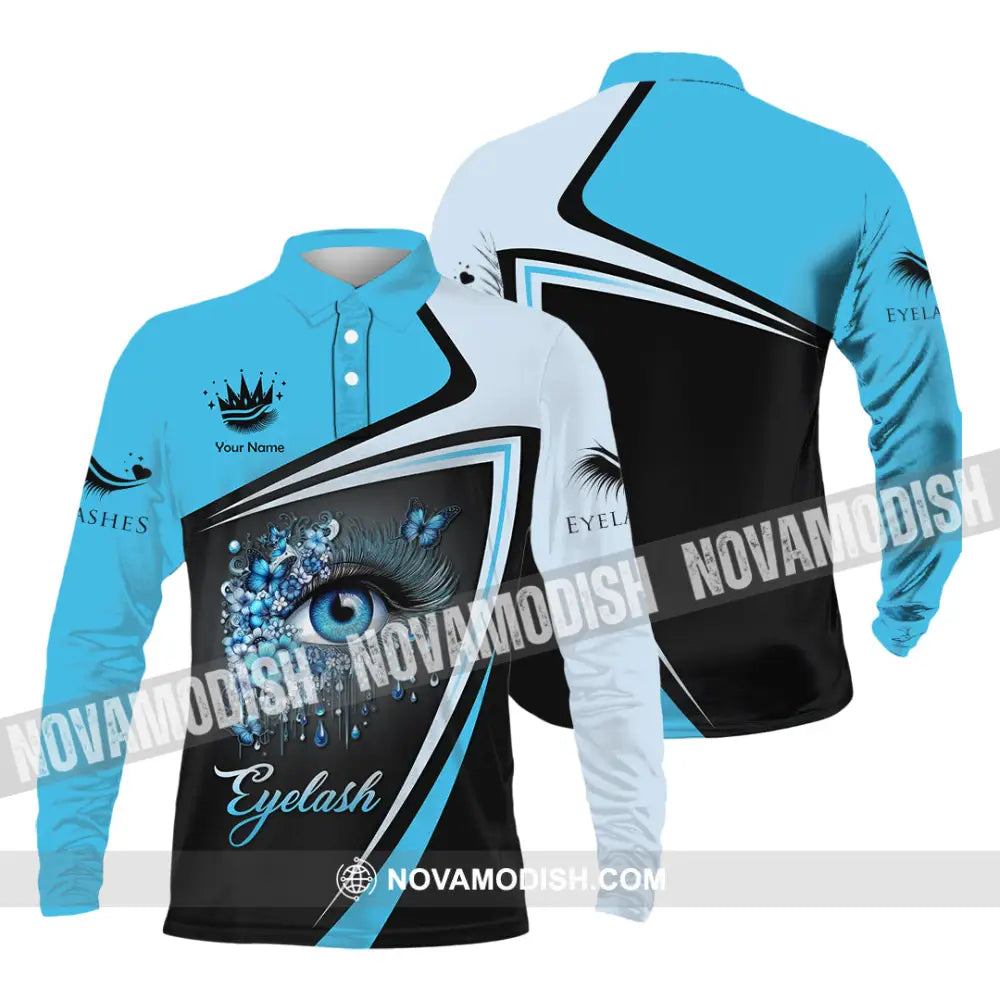 Unisex Shirt - Custom Name Blue Eyelash Shirt Long Sleeve Polo / S T-shirt