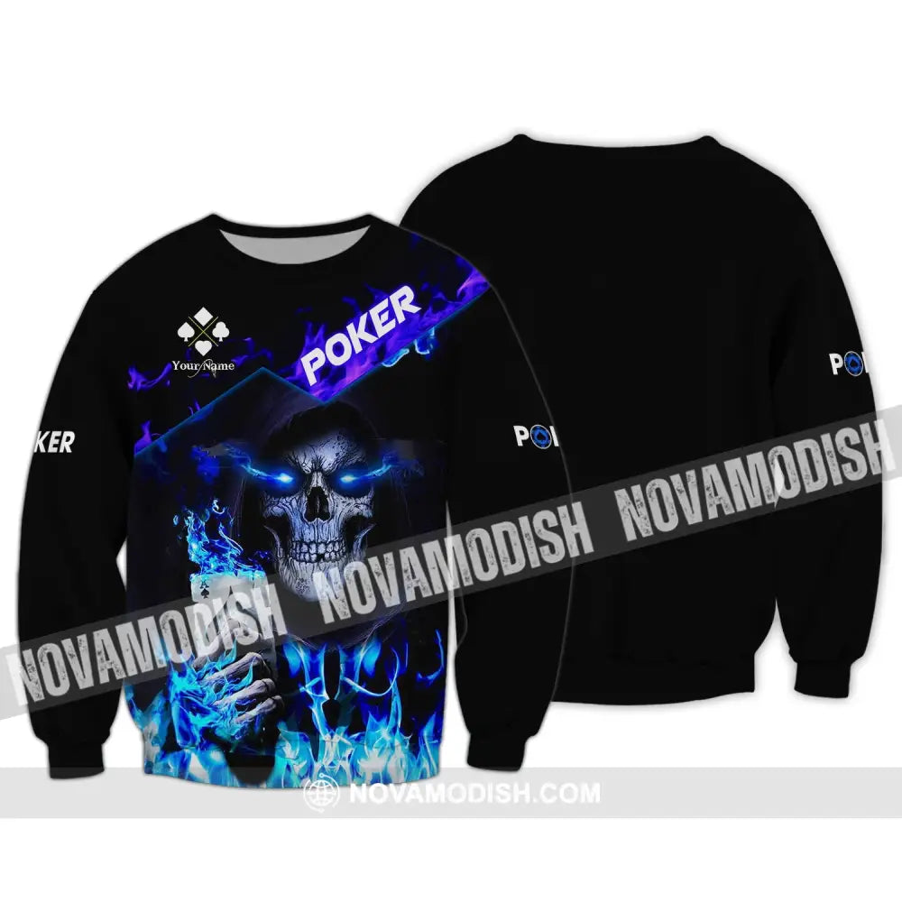 Unisex Shirt - Custom Name Shirt - Blue Light Skullcap Poker Shirt Long Sleeve / S T-shirt