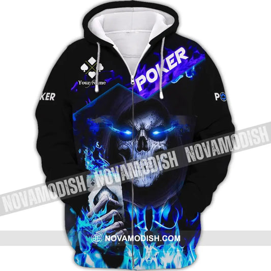 Unisex Shirt - Custom Name Shirt - Blue Light Skullcap Poker Shirt Zipper Hoodie / S T-shirt