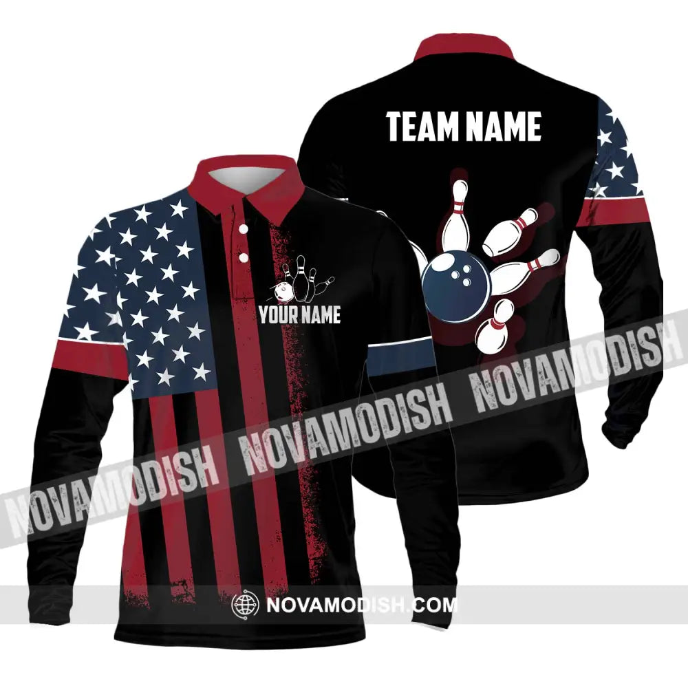Unisex Shirt - Custom Name Bowling America Shirt Long Sleeve Polo / S T-shirt