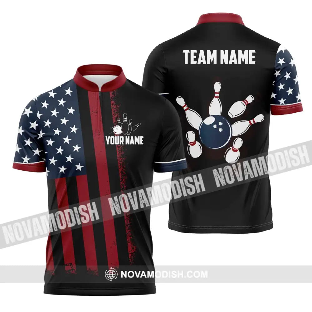 Unisex Shirt - Custom Name Bowling America Shirt Zipper Polo Shirt / S T-shirt