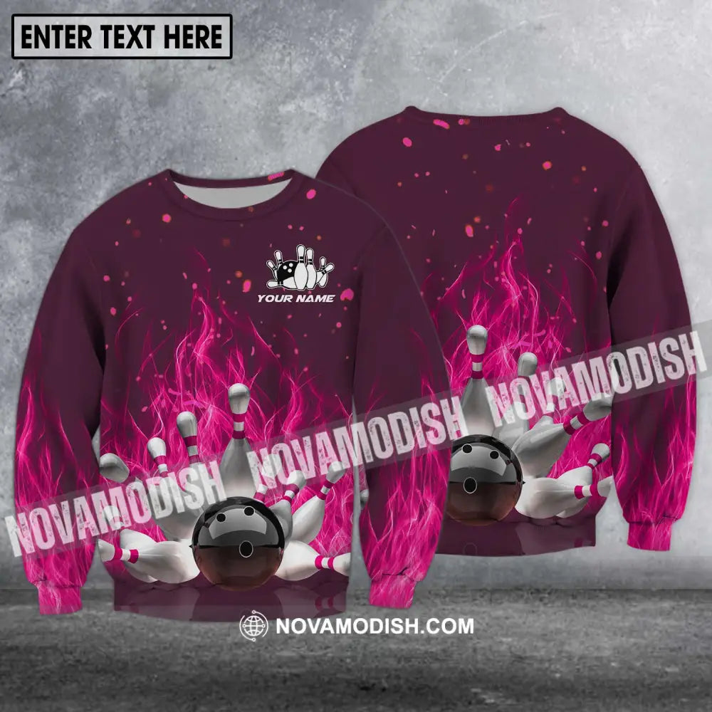 Unisex Shirt - Custom Name Shirt - Bowling Ball Hot Pink Fire Long Sleeve / S T-shirt