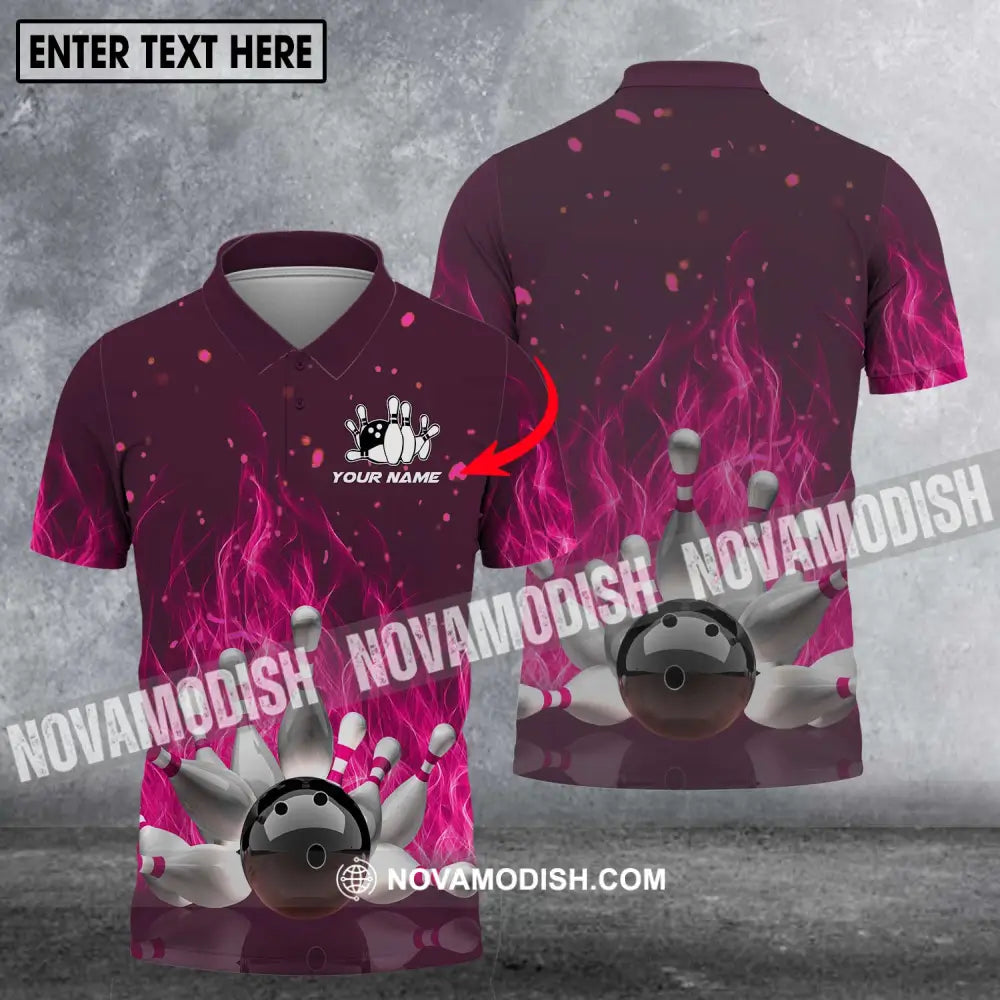 Unisex Shirt - Custom Name Shirt - Bowling Ball Hot Pink Fire Polo Shirt / S T-shirt