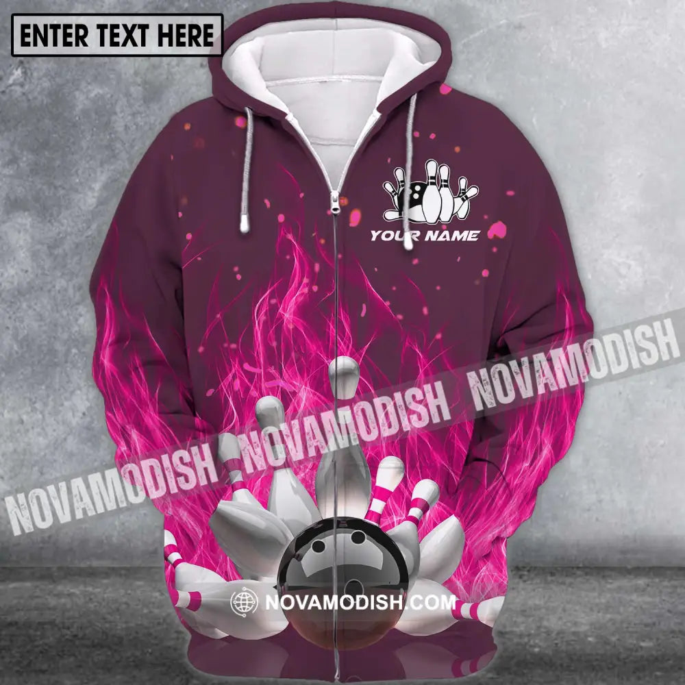 Unisex Shirt - Custom Name Shirt - Bowling Ball Hot Pink Fire Zipper Hoodie / S T-shirt