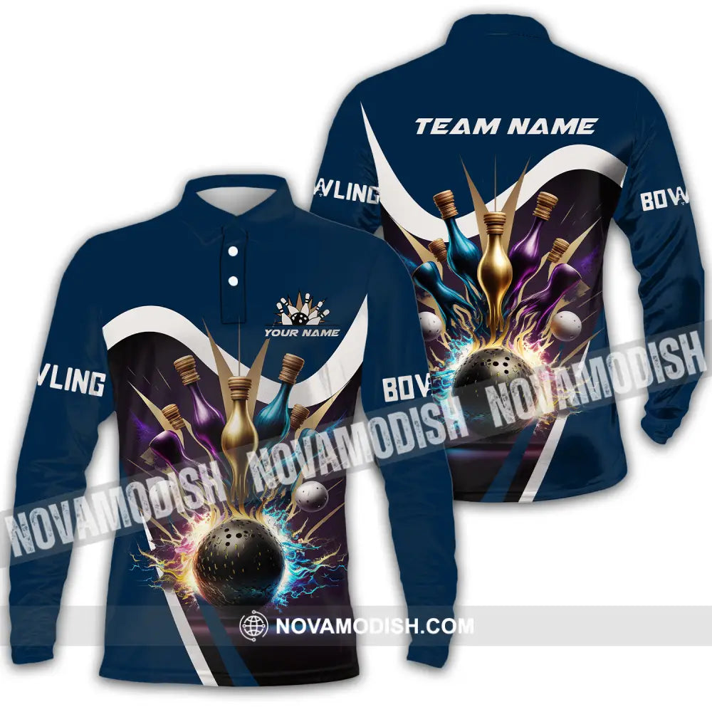 Unisex Shirt - Custom Name Bowling Dark Color Pins Shirt Long Sleeve Polo / S T-shirt