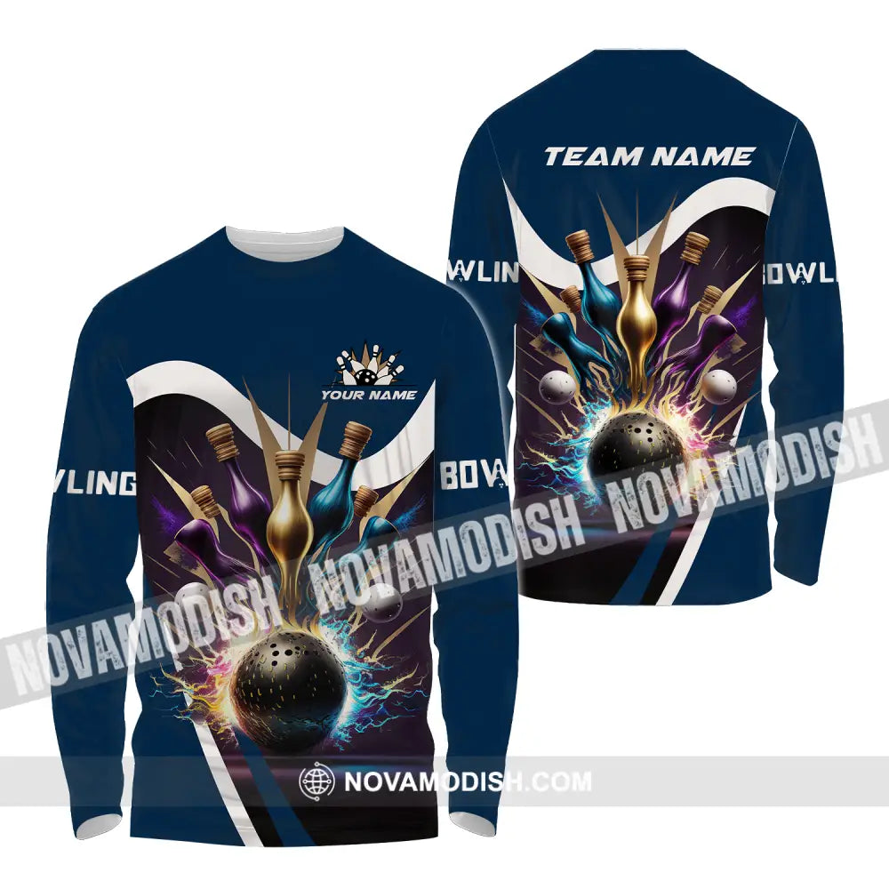Unisex Shirt - Custom Name Bowling Dark Color Pins Shirt Long Sleeve Shirt / S T-shirt