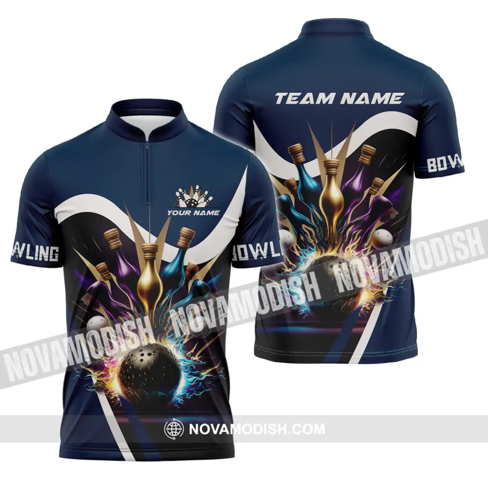 Unisex Shirt - Custom Name Bowling Dark Color Pins Shirt Zipper Polo Shirt / S T-shirt