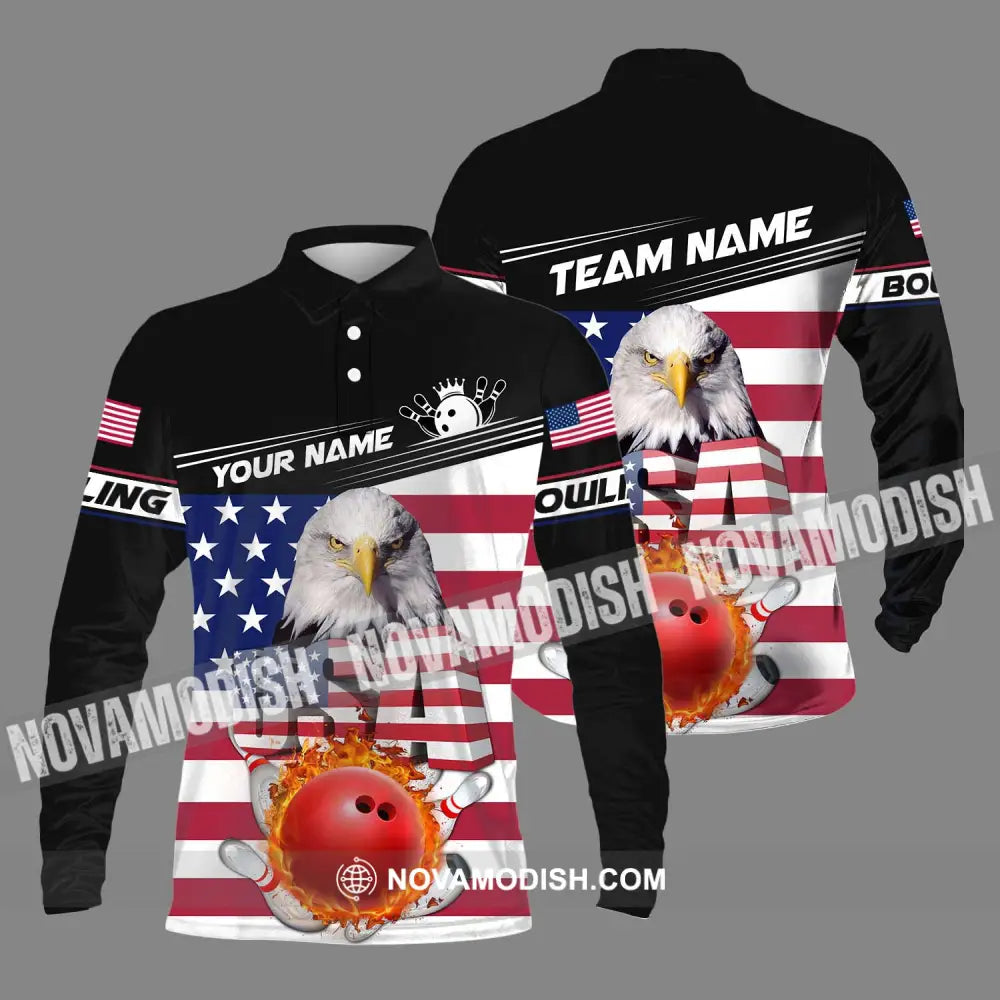 Unisex Shirt - Custom Name Bowling Lover Shirt America Flag Bowling Long Sleeve Polo / S T-shirt