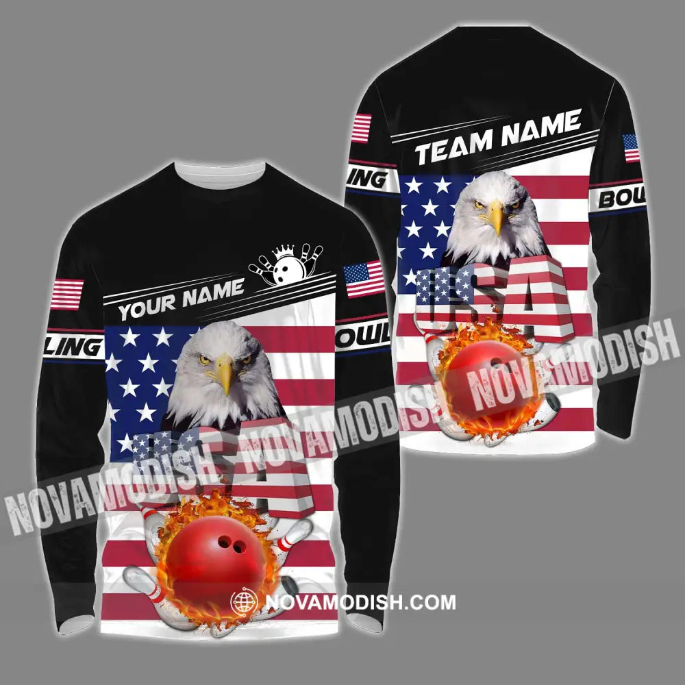 Unisex Shirt - Custom Name Bowling Lover Shirt America Flag Bowling Long Sleeve Shirt / S T-shirt