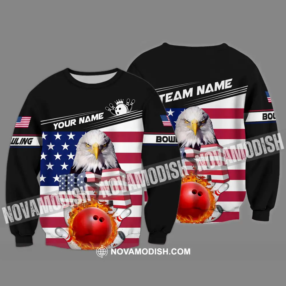Unisex Shirt - Custom Name Bowling Lover Shirt America Flag Bowling Long Sleeve / S T-shirt