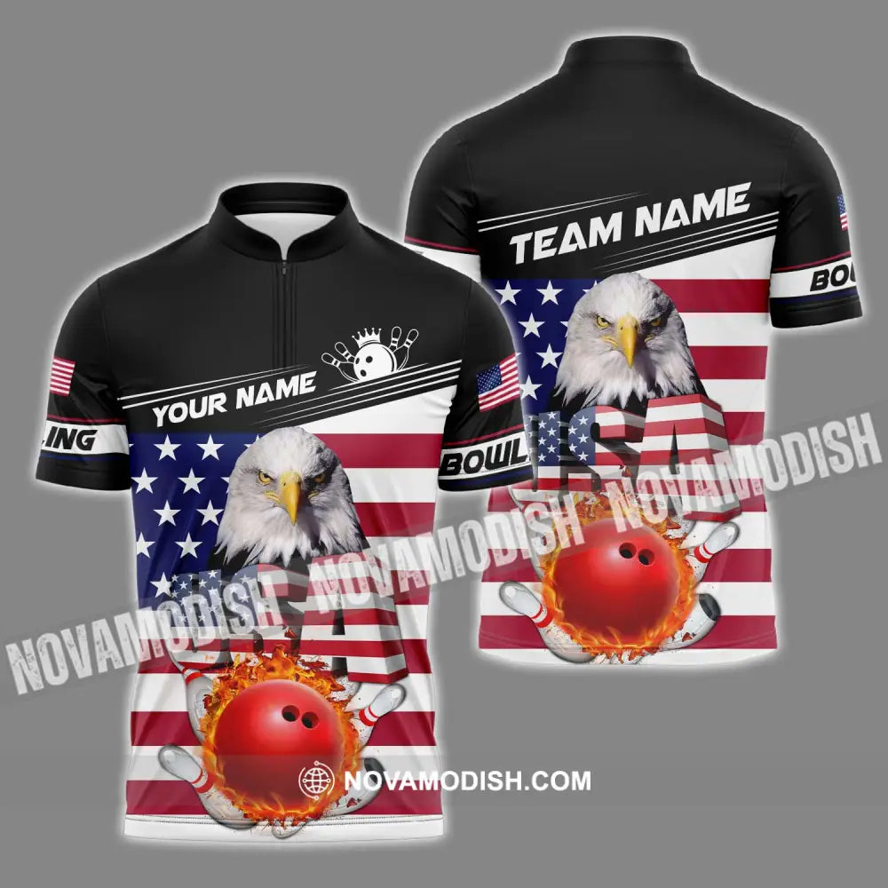 Unisex Shirt - Custom Name Bowling Lover Shirt America Flag Bowling Zipper Polo Shirt / S T-shirt
