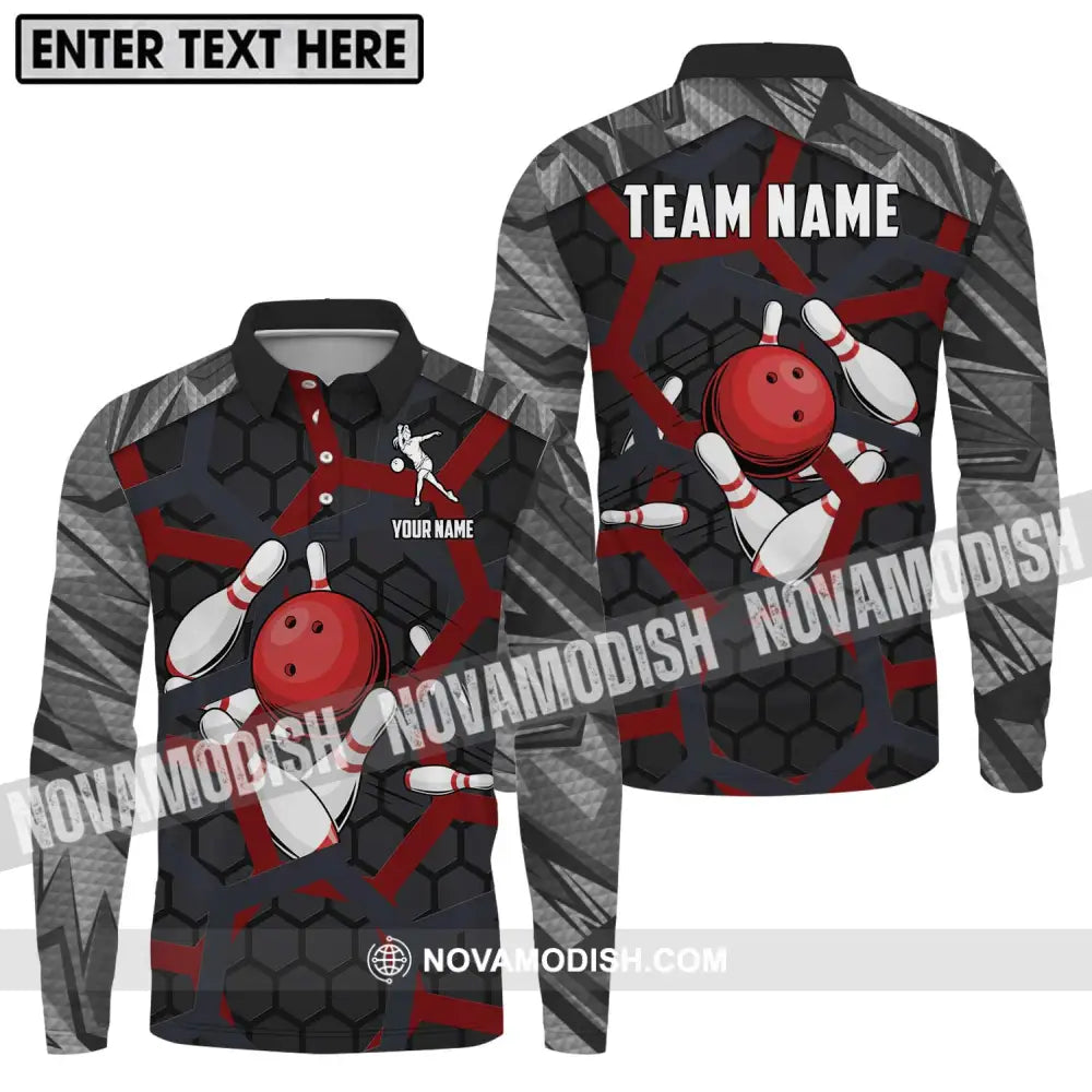 Unisex Shirt - Custom Name Bowling Lover Shirt Red Ball Long Sleeve Polo / S T-shirt