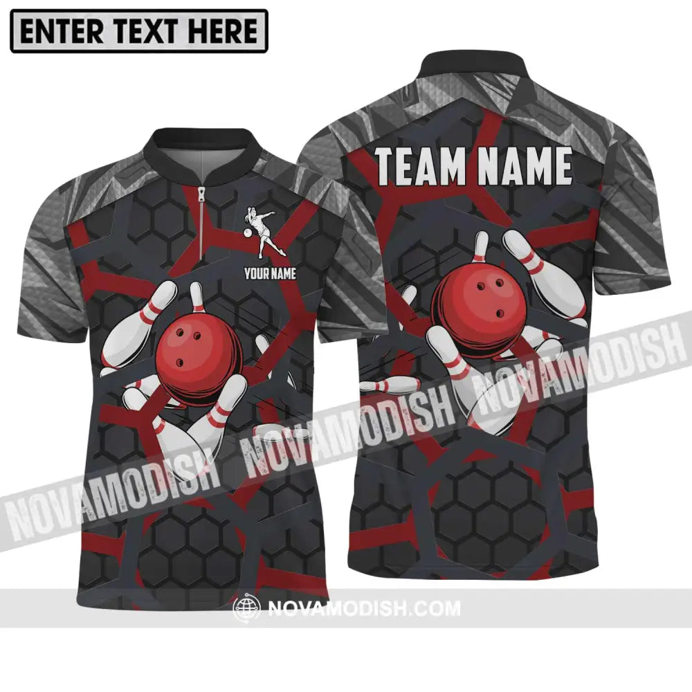 Unisex Shirt - Custom Name Bowling Lover Shirt Red Ball Zipper Polo Shirt / S T-shirt