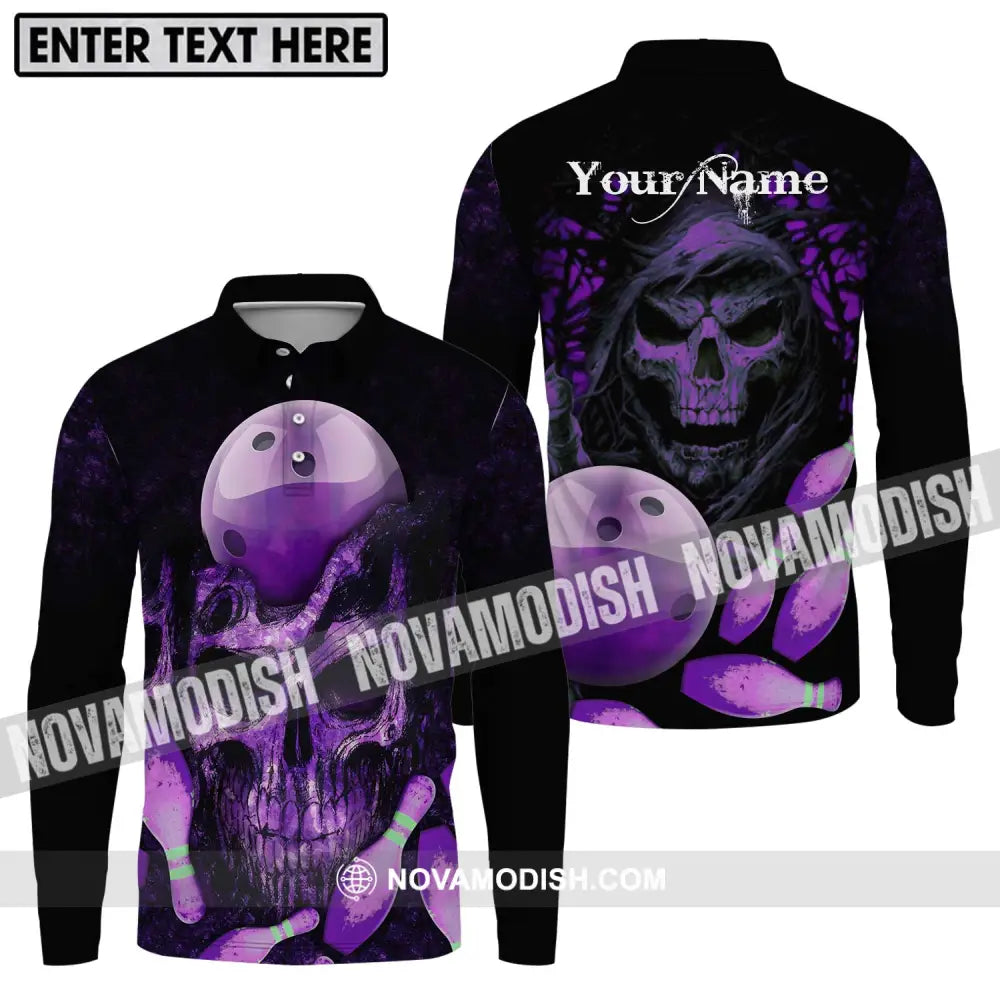 Unisex Shirt - Custom Name Bowling Purple Skull Shirt Long Sleeve Polo / S T-shirt