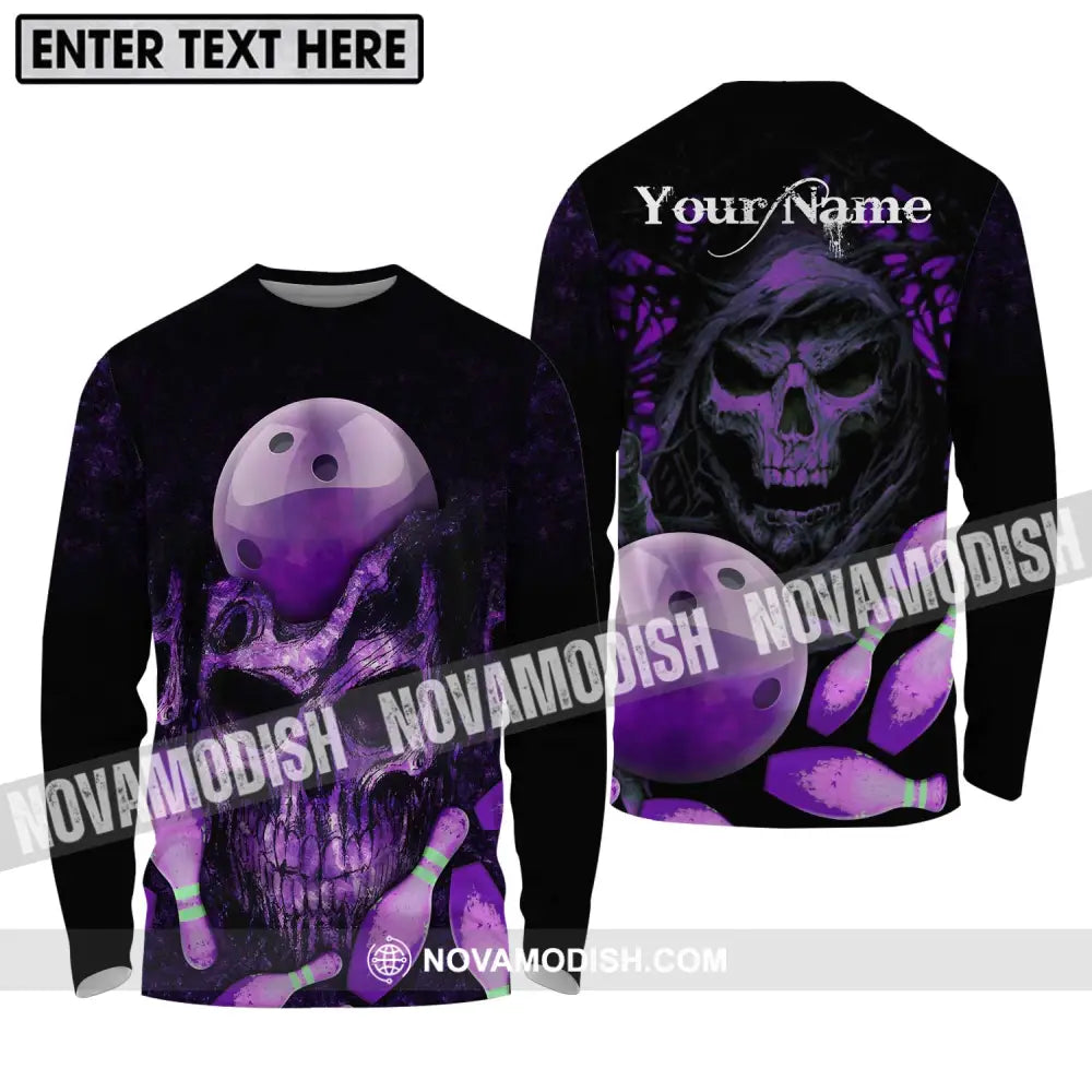Unisex Shirt - Custom Name Bowling Purple Skull Shirt Long Sleeve Shirt / S T-shirt
