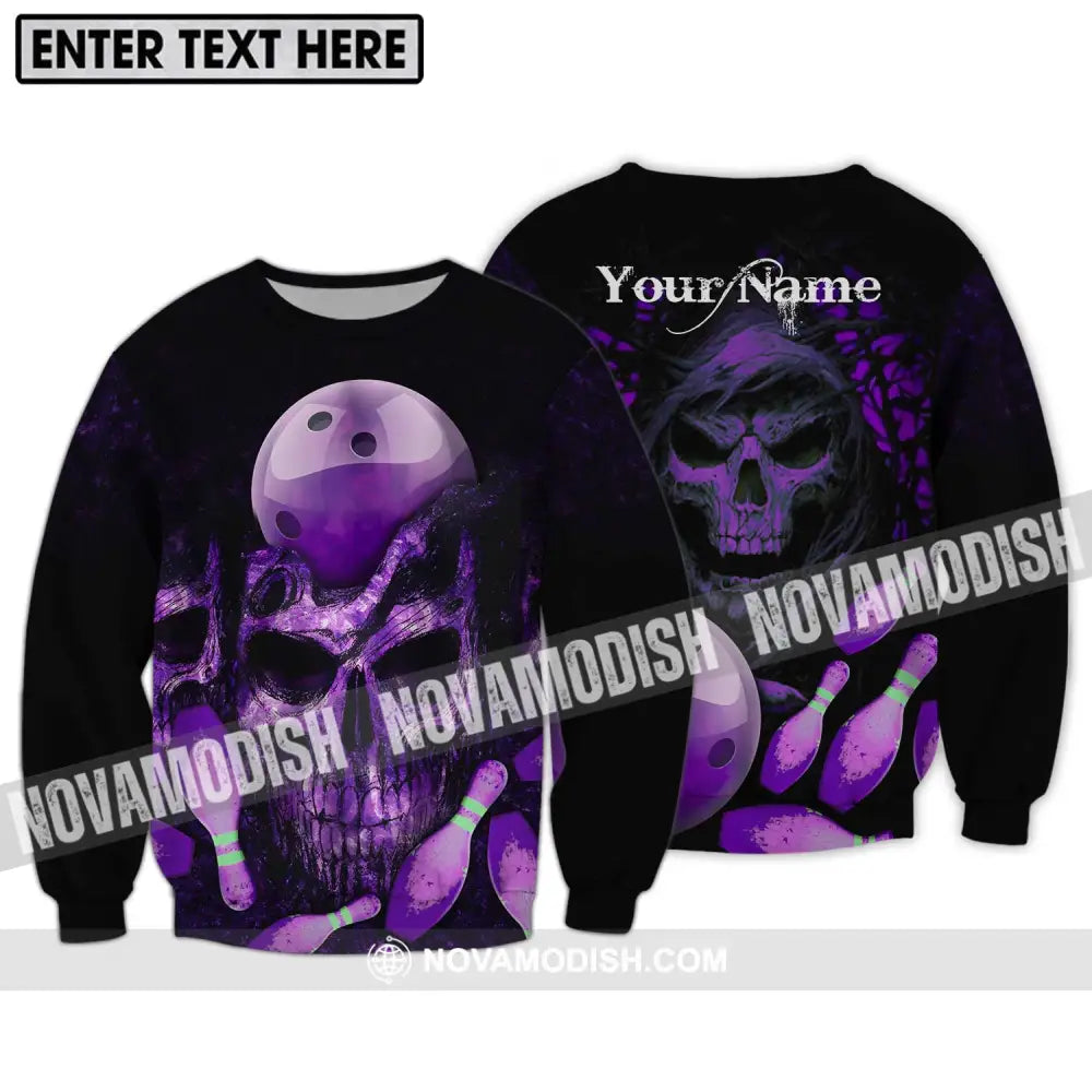 Unisex Shirt - Custom Name Bowling Purple Skull Shirt Long Sleeve / S T-shirt