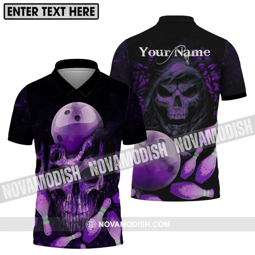 Unisex Shirt - Custom Name Bowling Purple Skull Shirt Polo Shirt / S T-shirt