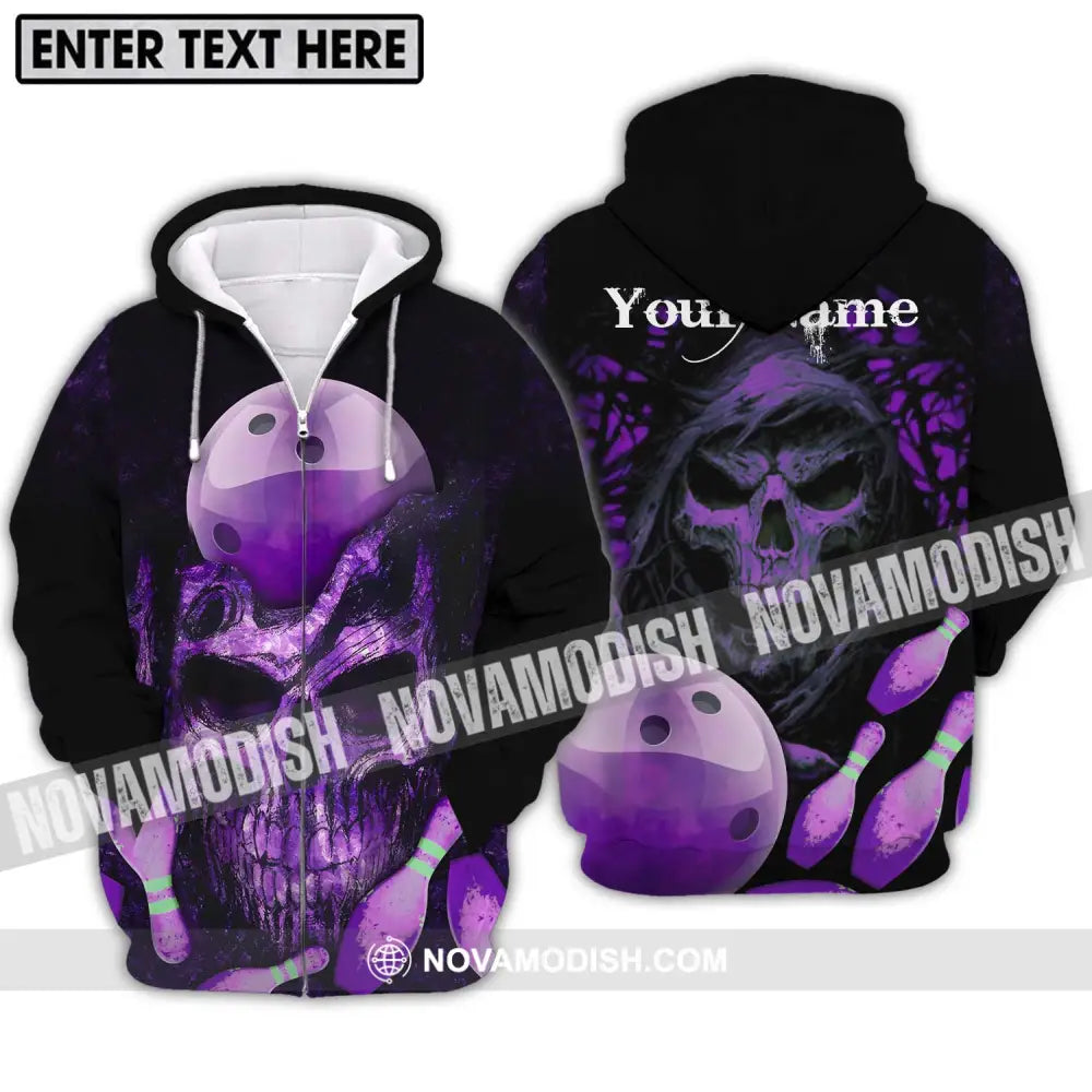 Unisex Shirt - Custom Name Bowling Purple Skull Shirt Zipper Hoodie / S T-shirt