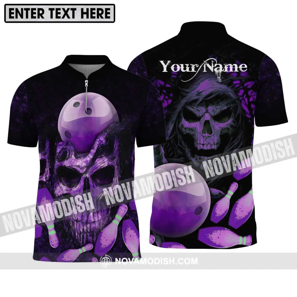 Unisex Shirt - Custom Name Bowling Purple Skull Shirt Zipper Polo Shirt / S T-shirt