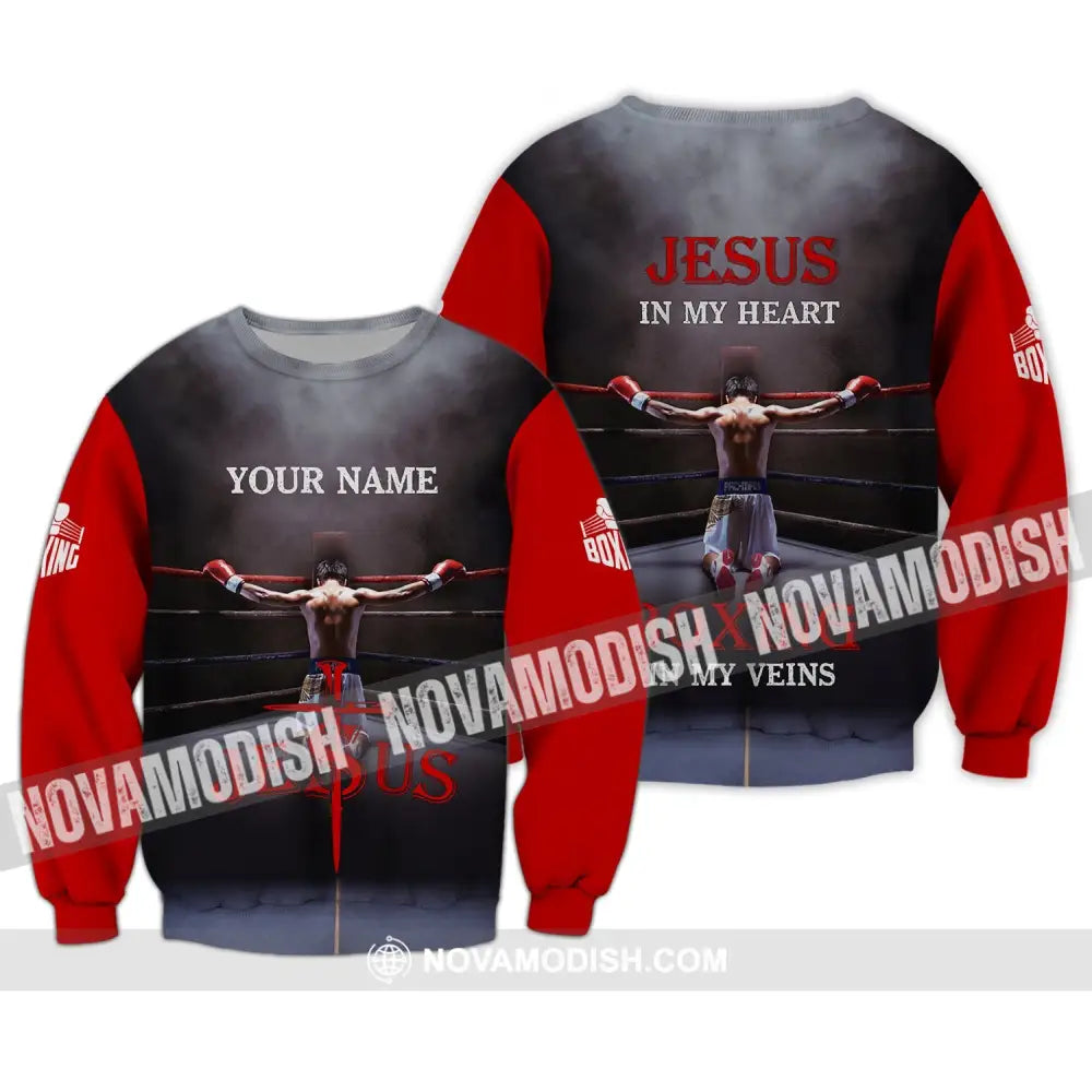 Unisex Shirt - Custom Name Boxing Shirt - Gift For Boxing Lover Jeus In My Heart Boxing In My Veins Long Sleeve / S