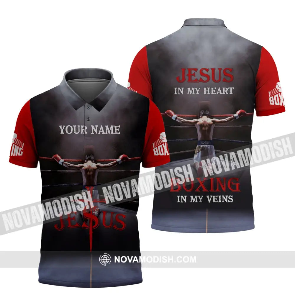 Unisex Shirt - Custom Name Boxing Shirt - Gift For Boxing Lover Jeus In My Heart Boxing In My Veins Polo Shirt / S
