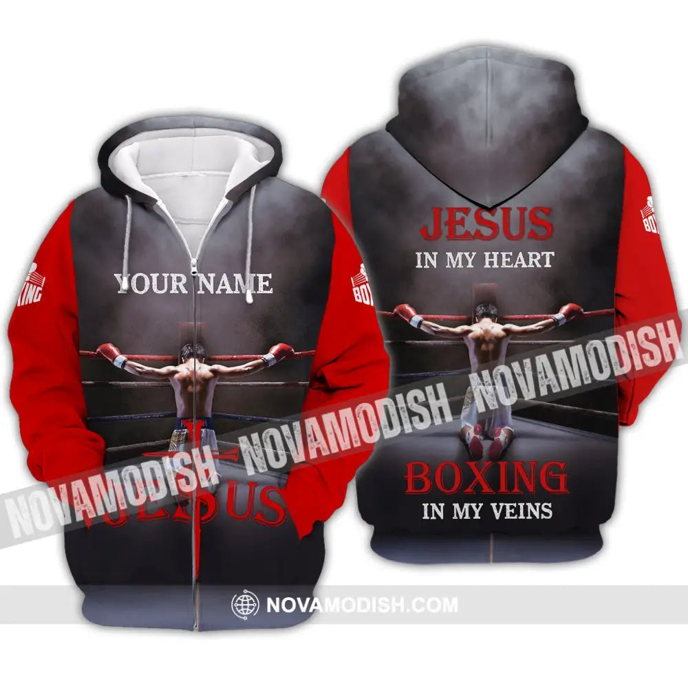 Unisex Shirt - Custom Name Boxing Shirt - Gift For Boxing Lover Jeus In My Heart Boxing In My Veins Zipper Hoodie / S
