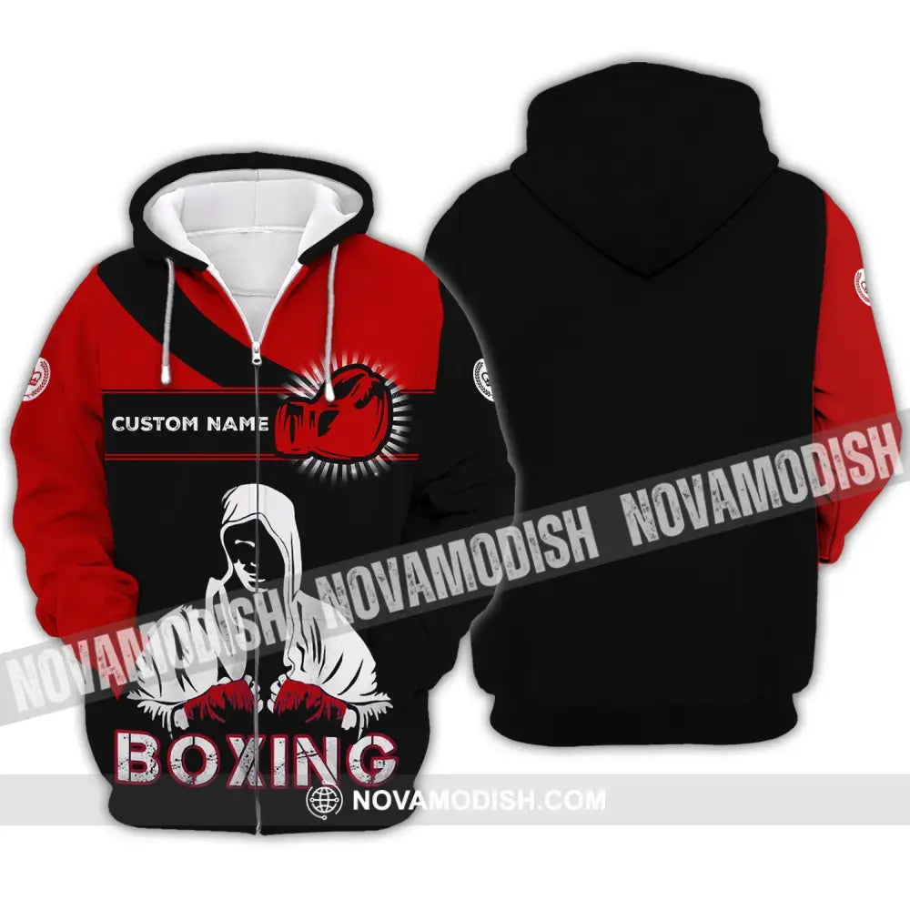 Unisex Shirt - Custom Name Boxing Shirt - Gift For Boxing Player Black And Red Boxing Shirt Zipper Hoodie / S T-shirt