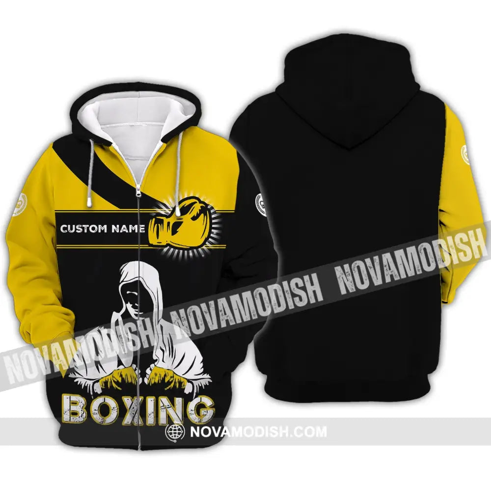 Unisex Shirt - Custom Name Boxing Shirt - Gift For Boxing Player Black And Yellow Boxing Shirt Zipper Hoodie / S T-shirt