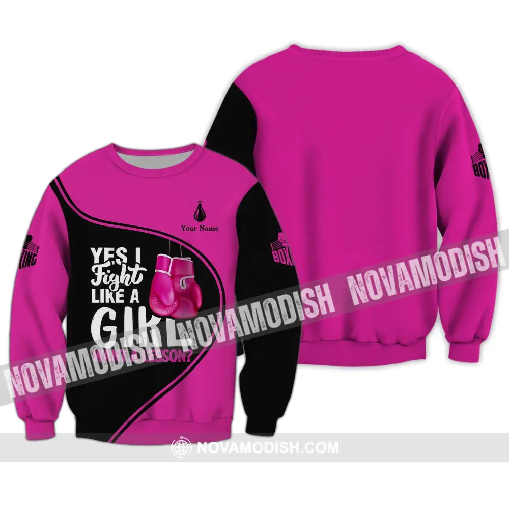 Unisex Shirt - Custom Name Boxing Shirt - Gift For Boxing Player I Fight Like A Girl Want A Lesson Long Sleeve / S