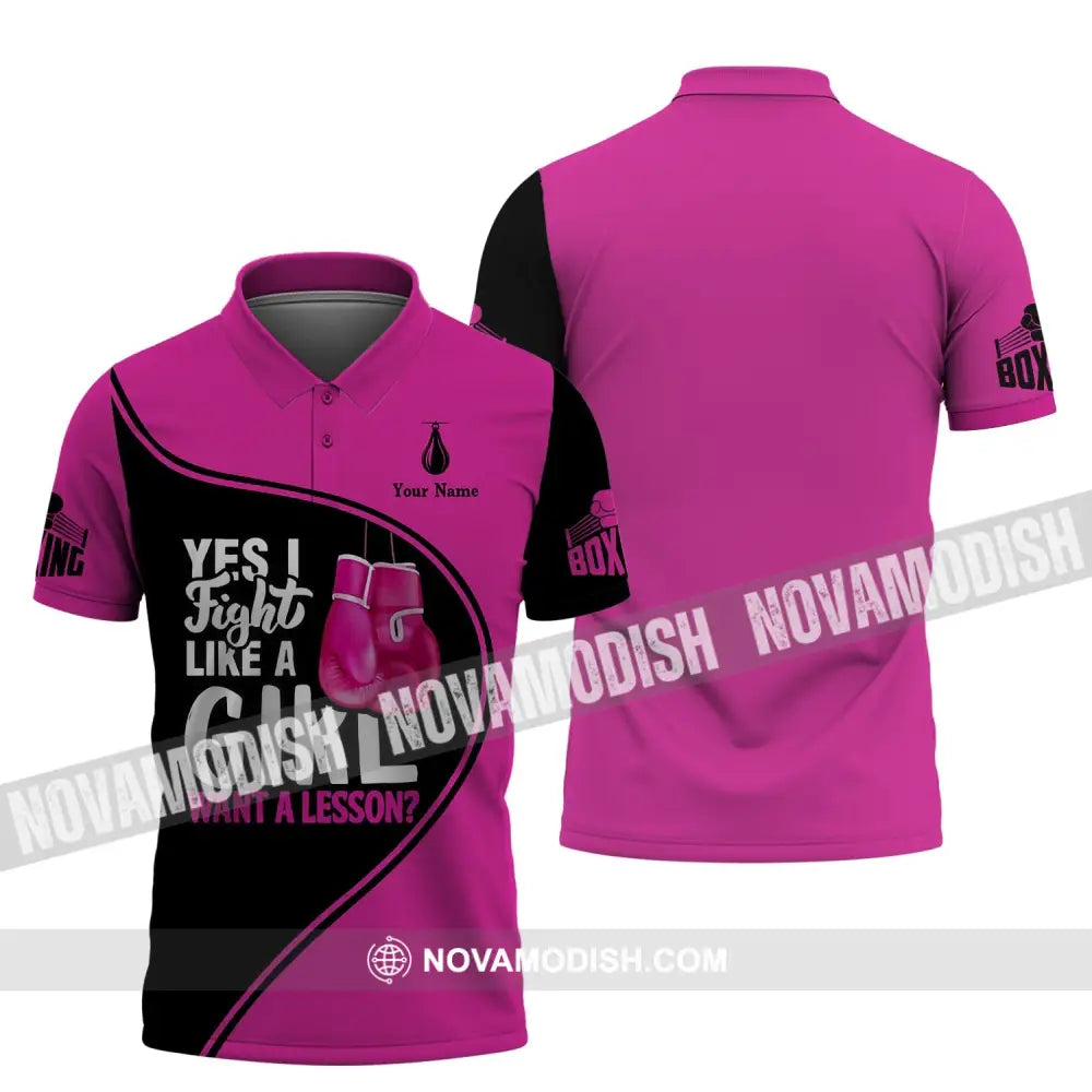 Unisex Shirt - Custom Name Boxing Shirt - Gift For Boxing Player I Fight Like A Girl Want A Lesson Polo Shirt / S