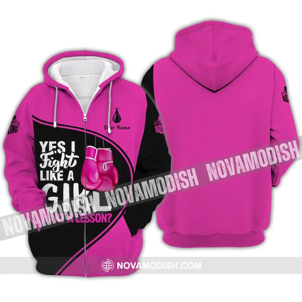Unisex Shirt - Custom Name Boxing Shirt - Gift For Boxing Player I Fight Like A Girl Want A Lesson Zipper Hoodie / S