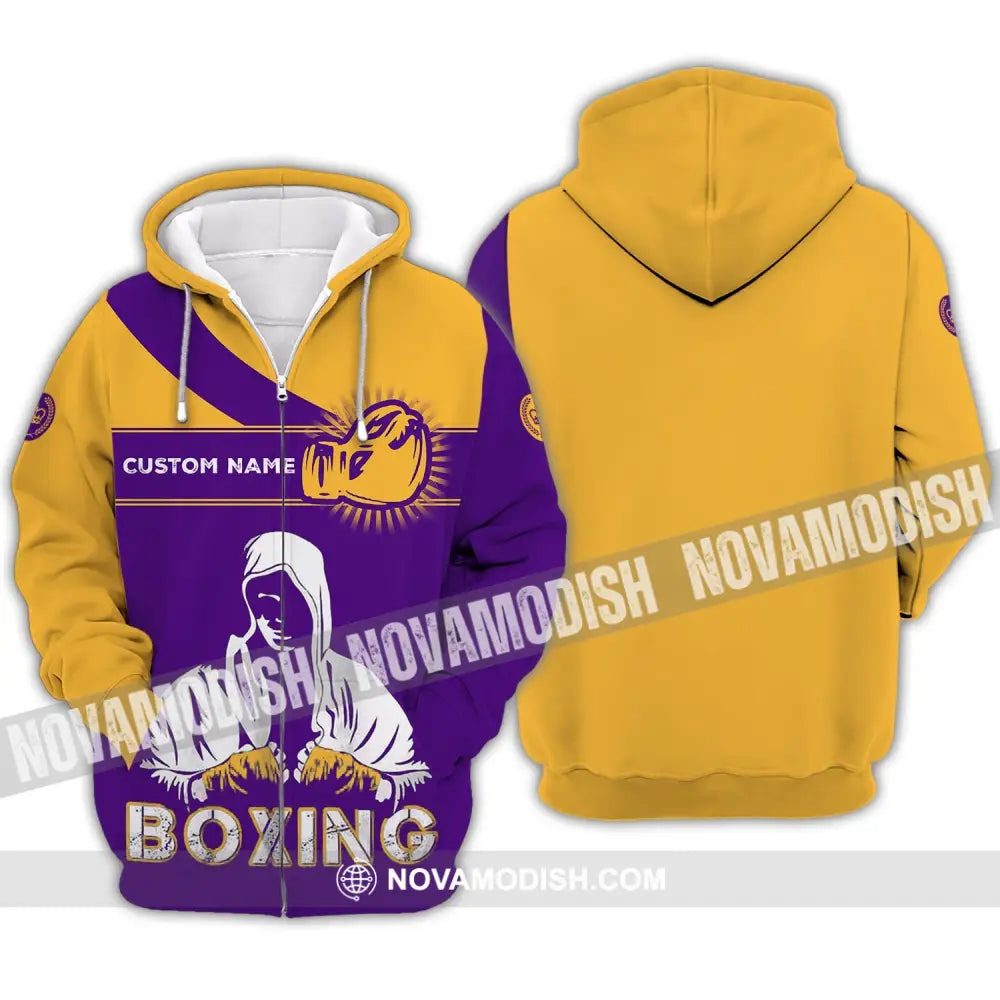Unisex Shirt - Custom Name Boxing Shirt - Gift For Boxing Player Purple And Yellow Boxing Shirt Zipper Hoodie / S