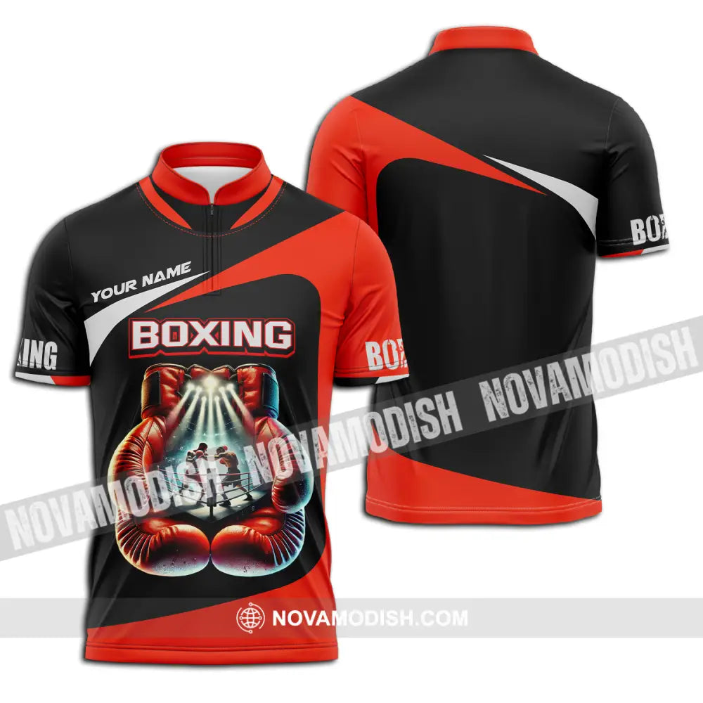 Unisex Shirt - Custom Name Boxing Shirt Boxing Gloves Zipper Polo Shirt / S T-shirt