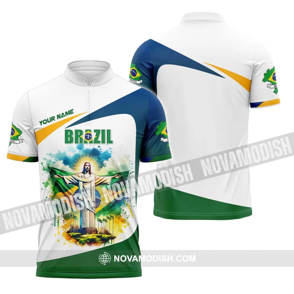 Unisex Shirt Custom Name Brazil Polo Long Sleeve Gift Zipper / S T-Shirt