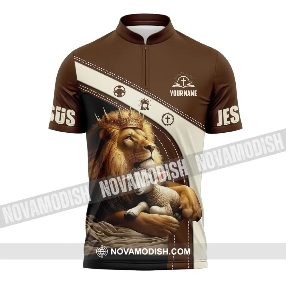 Unisex Shirt - Custom Name Brown Lion Zipper Polo / S T-Shirt