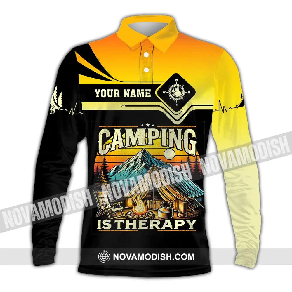 Unisex Shirt Custom Name Camping Is Therapy Hoodie Polo Long Sleeve / S T-Shirt