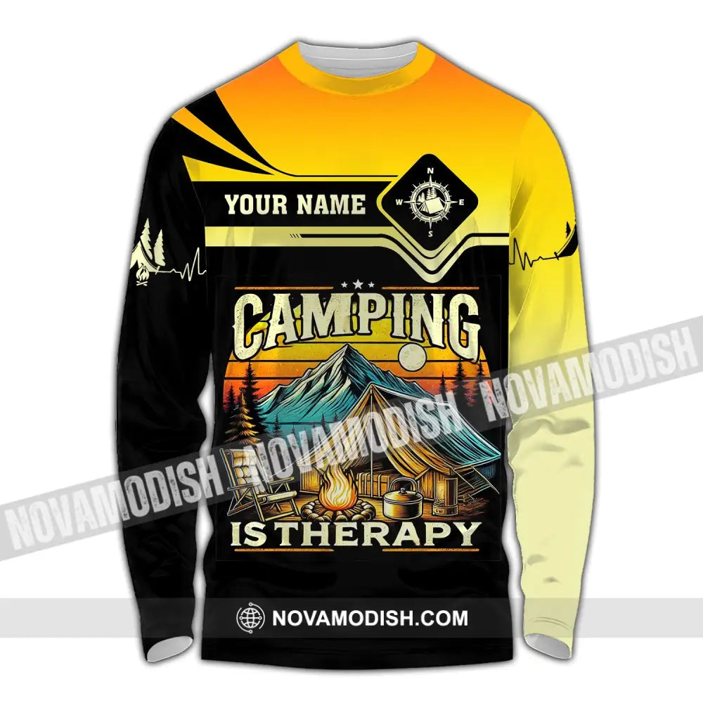 Unisex Shirt Custom Name Camping Is Therapy Hoodie Polo Long Sleeve / S T-Shirt