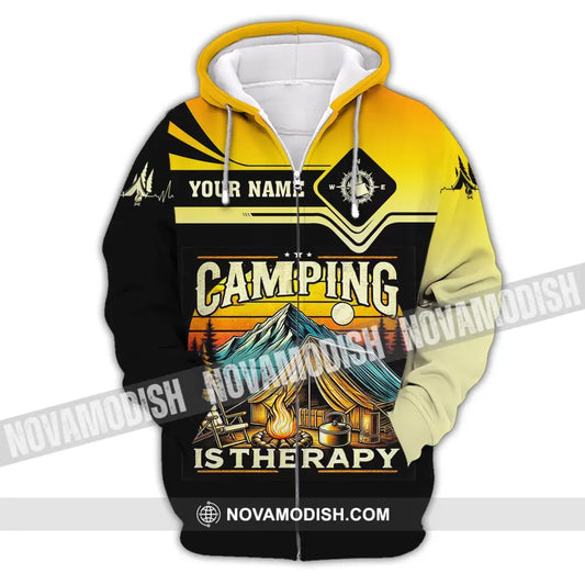 Unisex Shirt Custom Name Camping Is Therapy Hoodie Polo Zipper / S T-Shirt