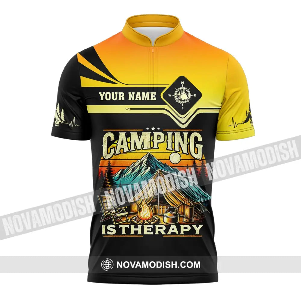 Unisex Shirt Custom Name Camping Is Therapy Hoodie Polo Zipper / S T-Shirt